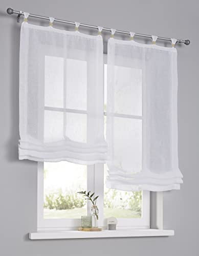 Raffrollo Raffgardine mit Schlaufen Brondby Boule weiß. Mit Zierkugeln für die Schlaufen. Holzperlen/Dekokugeln mit Bohrung aus Holz - Buche Natur 80 x 140 cm.