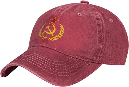 LOUJIN Cappello da baseball regolabile in denim con falce e martello dell'URSS, Rosso