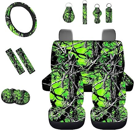 Coloranimal 13-teiliges Universal-Autositzbezüge, komplettes Set, grüne Camouflage, Jagd, Wald, Autositz-Zubehör mit Auto-Getränkehalter-Einsatz