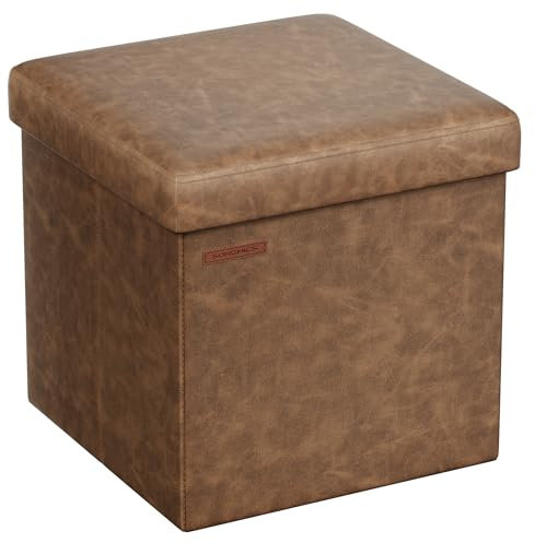 SONGMICS Sitzhocker 38 cm, Aufbewahrungsbox faltbar, Fußhocker mit Deckel, aus Kunstleder, bis 300 kg belastbar, für Eingang, Wohnzimmer, Schlafzimmer, kaffeebraun LSF010K01