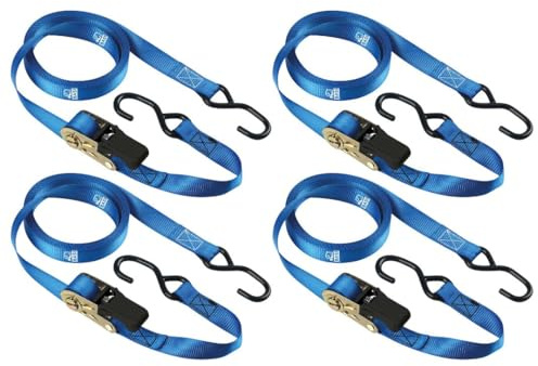 BASI | 4er Set Spanngurte mit Ratsche und S-Haken | 250 KG Zurrkraft | Zurrgurte blau | Länge 500 cm x Breite 2,5 cm | Ladungssicherung Transportsicherung | Ratschengurt TÜV geprüft | 4 Stück