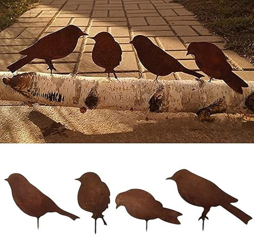 Tuzsocr 4 Rostiges Vögel Edelrost Gartenstecker Rost Deko Gartendeko Metall Vogel Für Holz Garten Dekoration (4 Vögel Type A)