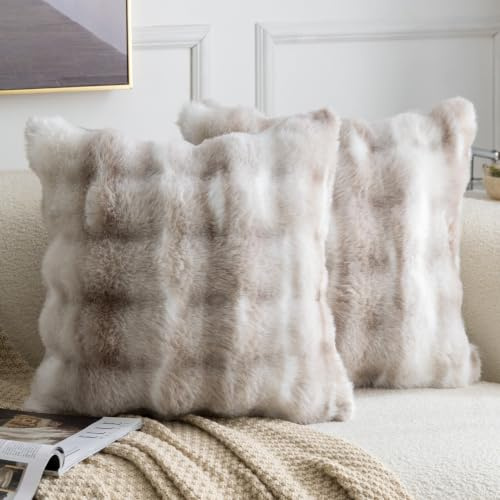 MADIZZ Pack of 2 Thick Plush Faux Wool Throw Pillow Covers Soft Boho Throw Pillows Luxurious Cushion Covers for Couch Sofa Bedroom Living Room Home Decor 18x18 Inch White Taupe