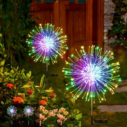 Solar Garden Starburst Sphere Lights, 2 Pack 300 LEDs 8 Modes Firework Waterproof Copper Wire Dandelion Lights for Home Yard Christmas Decoration