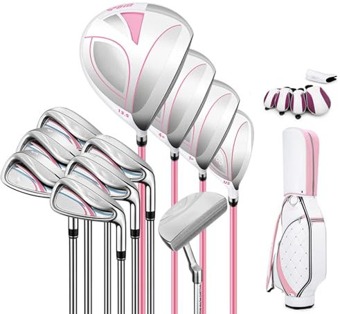 Golfklubba högerhand set, 11 delar damer komplett golfklubb, förare (titanlegering)+4,7 trä (rostfritt stål) + U5+6,7,8,9, P, S järn + putter+bollväska