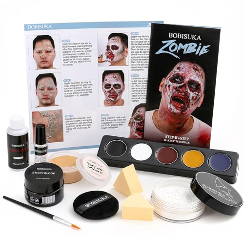 Kit de Maquillaje Zombie Halloween, Kit Completo de Maquillaje SFX con Pintura Facial, Latex Líquido, Cera para Cicatrices y Sangre Falsa para Cosplay, Escena y Cine