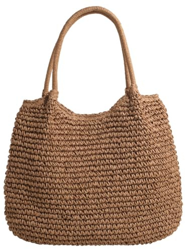RuiDay Borsa a Mano in Paglia, Borsa Donna Semplice di Grande, Borsa Donna Tracolla da Spiaggia in Stile Bohémien Estivo, Tracolla Borsa Donna, Borsetta Donna di Vacanza Casual (Cachi)