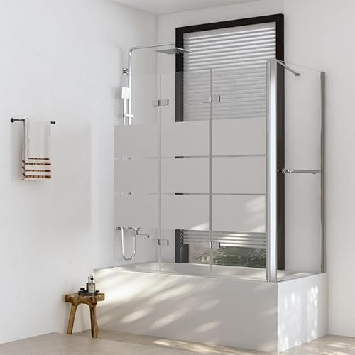 Duschwand für Badewanne mit Seitenwand 80x120x140cm Faltbar 3-teilig Duschabtrennung, Gestreift Glas Badewannenaufsatz Duschtrennwand aus 6mm Sicherheitsglas, Duschtrennwand mit Handtuchhalter