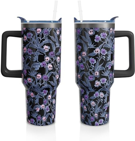 Aokoyi 40 Oz Gothic Tumbler with Handle and Straw, Goth Skull Stainless Steel Insulated Cup Water Bottle, Halloween Holiday Gifts for Women Men (1PC)