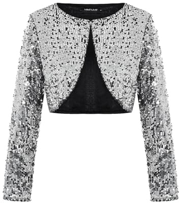 MINTLIMIT Pailletten Strickjacke Damen Kurz Offene Cardigan Langarm Bolero Dünne Elegant Haken Jacke Bolerojacke Glitzer