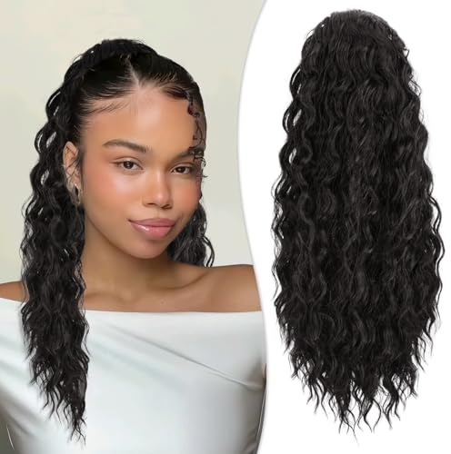 RUWISS Extension Queue de Cheval Afro Ondulée avec Cordon pour Femme Noire,50cm Noir Marron Afro Kinky Extension de Cheveux Synthétiques Postiches Bouclés