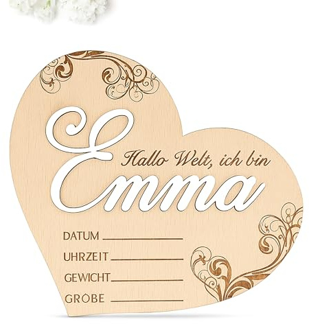 Personalisierte Herz, Holzschild mit Name und Blumen, Hallo Welt, Holz Herz Plakette, Babygeschenk Geburt, Geburtsanzeige Baby-Ankündigung Schild, Geschenk zur Geburt, Baby Namensschild (Design 5)