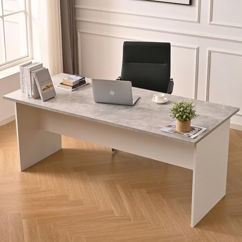 Shally Dogan Scrivania da Ufficio in Legno per Computer, Tavolo Desk Porta PC Studio, Lavoro, Cameretta, Postazione Home Office Moderno, Resistente Urti Graffi, 180 x 80 x 74 cm (Cemento e Bianco)