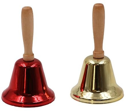 2 Stück Weihnachtsrassel Tee-Handglocke mit Holzgriff, laute Klingelglocke, Retro-Glocke, Weihnachtsglocke, kleine Handglocke, Serviceglocke, Metall, Eisen, Holz, tragbar