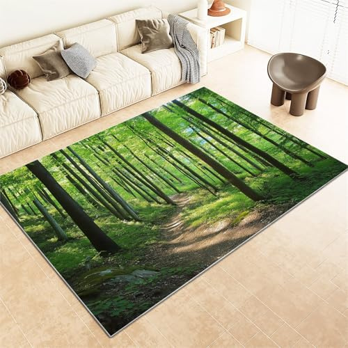 Teppich 80x150 cm für Wohnzimmer und Schlafzimmer Moderne Deko Wald GrüN Naturlandschaft Flauschiger und Rutschfester Waschbar Kurzflor Teppich GrüN, Faltbare weiche Kindermatte