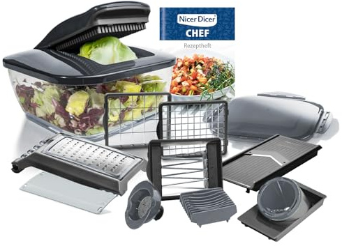 Nicer Dicer Chef - Set di 15 affettatrici per verdure, affettatrice per cipolle, insalata, taglierina per patatine fritte, tagliaverdure ondulato, multitritatutto per frutta, verdura, utensili