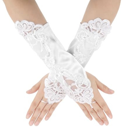 Psyqtsuary Lange Handschuhe Damen Spitzenhandschuhe Fingerlose Satin Opernhandschuhe für Weihnachten Halloween Party Hochzeit Braut Kostüm Oper Abend