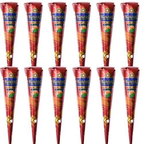 12 x Kaveri Mehendi Henna Cones – Dark Brown Henna for Hand Art, Henna Stencils, and Henna Freckles – Henna Cones for Henna Tattoo Kit - Natural Organic Temporary Tattoo - Box of 12 Individual Cones
