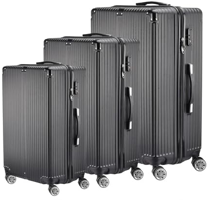 KeepGoon Set di 3 valigie da viaggio, set di valigie con 4 ruote e lucchetto a combinazione, custodia rigida in ABS, trolley con rotelle, manico telescopico, colore nero, Nero , 30.5*45*71.5cm,