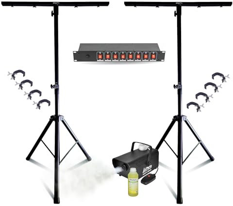 MOOVING LIGHT & SOUND - Pack Lumière 2 Pieds Réglables Mooving Light ML-SUPPORT-DJLIGHT - 8 Crochets SH2B - Dispatching 8 Voies - Machine à Fumée 400W