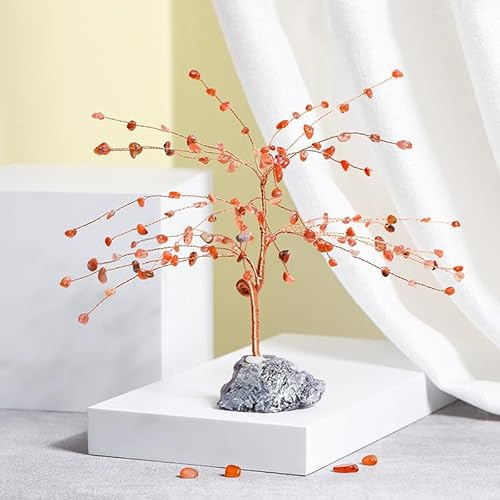 Xiao Hua 1 adorno de árbol de la vida de hoja de piedra triturada natural color rojo, base de piedra cruda natural, artesanía, decoración de escritorio para el hogar