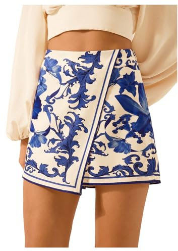 MakeMeChic Women's Floral Wrap Skirt Vacation High Waist Wide Leg Boho Shorts Skorts Blue and White Medium