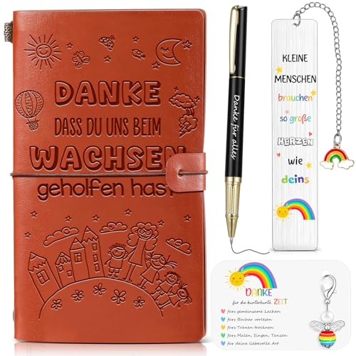 Nezyo 5 Abschiedsgeschenk Kita Erzieher Kindergarten Dankeschön Geschenk Grundschule Lehrer Leder Notizbuch Tagebuch Regenbogen Schutzengel Schlüsselanhänger Dankeskarte Edelstahl Lesezeichen Stift