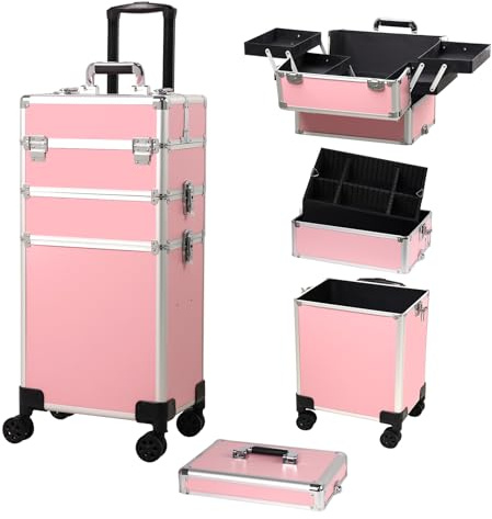 Rolling Makeup Case, Cosmetology Case on Wheels with Large Storage, Durable Design, Ideal Gift for Makeup Artists, Hairstylists, Nail Techs, Portable Beauty Organizer for Travel or Salon Use, Pink