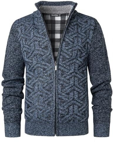 Beryielite Cardigan à col Montant en Tricot avec Fermeture éclair intégrale et Manches Longues pour Homme, Bleu/Gris, Taille XL