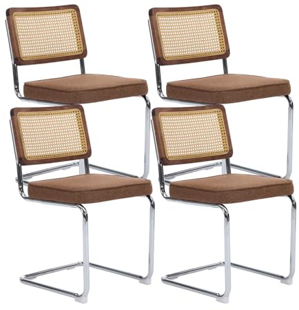 Rattan Dining Chairs Set of 4, Mid Century Modern Dining Chairs with Natural Cane Back and Stainless Chrome Base, Armless Upholstered Linen Fabric Kitchen Chair for Dining Room, Brown