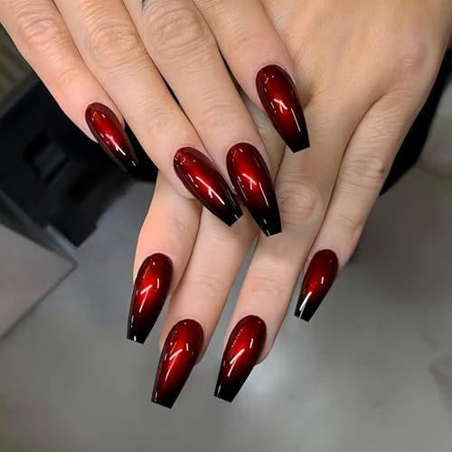 KQueenest Cat Eye Weinrote Press On Nails Lange Eckig, Sarg Nägel zum Aufkleben Chrome, Luxus Glitzer Jelly-Gel Fake Nails Fingernägel zum aufkleben Ballerina, Acryl Kunstnägel für Frauen, 24 Stück