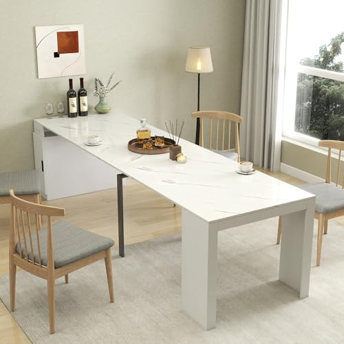 HOMBIX Transformer Dining Table, Expandable Console Table with Outlet & Storage, Extendable Folding Table for 10-12 People, Space Saving Modern Dining Room Furniture, White