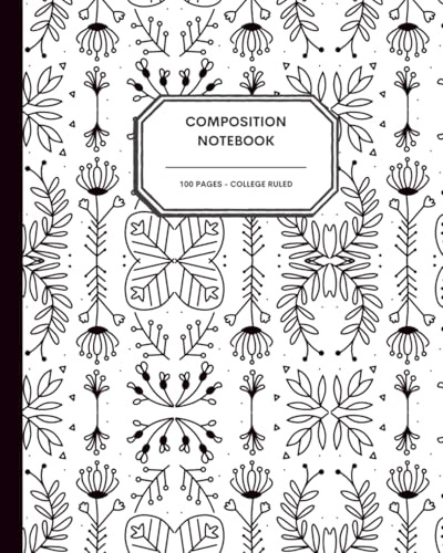 Scandinavian Folk Art Floral Notebook – 8x10” – 100 College Ruled Pages – Traditional Nordic Black & White Doodle Pattern Journal for Writing, School & Creativity