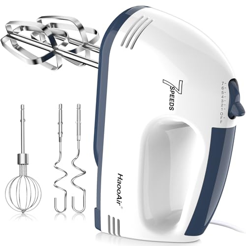 Electric handheld mixer, 7-speed adjustable kitchen mixer, 5 stainless steel accessories (2 * Dough Hooks, 2 * Beaters, 1 * Whisk), perfect for kitchen and baking food mixers