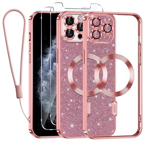 Tikfrlo Handykette für iPhone 11 Pro Hülle mit MagSafe, Glitzer Magnetisch Handyhülle Stoßfeste Silikon TPU Schutzhülle Case für iPhone 11 Pro mit 2 Stück Schutzfolie, Rosa