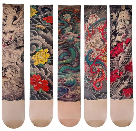 GreatRise 2 pezzi calze elastiche per tatuaggi per gambe, per uomini e donne, tatuaggio temporaneo, Unisex, autoreggenti, sottili, in nylon, per l'estate, calze alte alla coscia, con motivo, Taglia