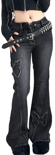 FDKLOOK Womens Y2k Flare Jeans Butterfly Patchwork Pant Slim Fit Distressed Vintage Bell Bottom Black M