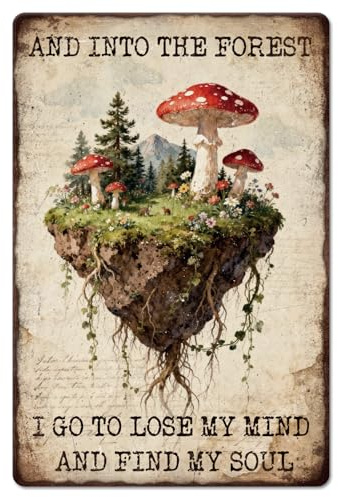 GLOBLELAND Retro Mushroom Forest Metal Tin Sign 12x8 inch Mushroom Landscape Tin Signs Mind and Soul Metal Wall Poster Plaque for Home Office Sunroom Meditation Room Garden Cabin Spa Studio Decor