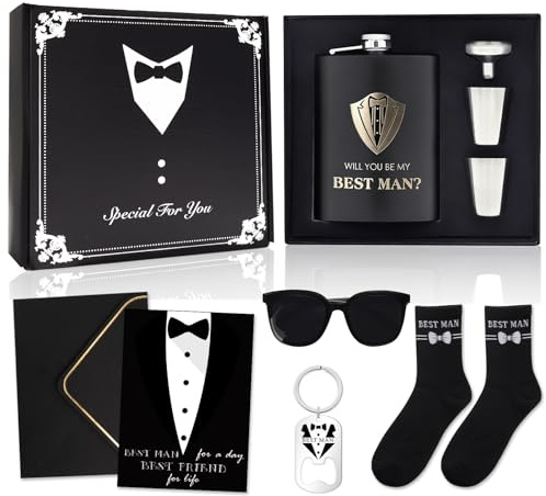YYSWSAKY 9 Stück Trauzeuge Geschenk, Schwarze Trauzeugen Geschenkbox Set mit Best Man Socken, Karte, Flachmann mit Gravur Edelstahl, Bechern und Trichter, Personalisiertes Hochzeitsgeschenk für Männer