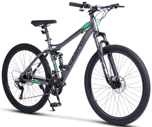 STAPERFO Fully Mountainbike 27,5 Zoll für Erwachsene, 21-Gang Schaltung, Scheibenbremse, Full-Suspension-MTB, für Gelände 160-175 cm, Grau-Grün, 85% montiert