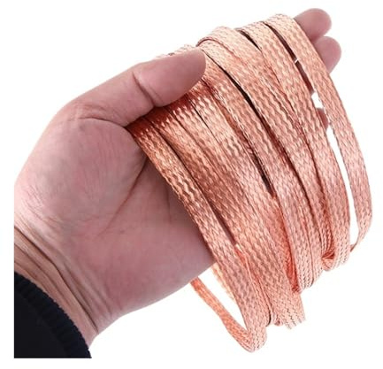 5M/10M Pure Copper Shield Cable Sleeve Tinned Braided Bare Ground Metal Sheath Screening Signal Wire Flat Conductive Tape(Copper,4mm,10M)