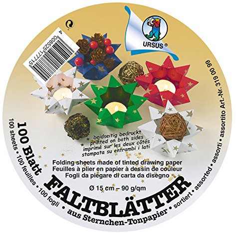 Ursus 3190099 - Faltblätter Sternchen, 100 Blatt in 4 verschiedenen Farben, Durchmesser ca. 15 cm, 90 g/qm, durchgefärbt, beidsetitig mit Sternen bedruckt, ideal für vielseitige Bastelarbeiten