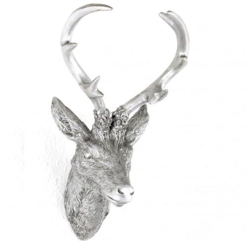 Hirschgeweih Hirschkopf Geweih 10-Ender in Silber, Metall-Optik 15 x 30 cm, Figur Skulptur Deko | Figur, Skulptur, Deko