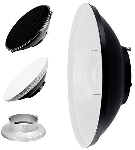 Pixapro 42cm Beauty Dish Reflector Photography Lighting Video Light Flash Diffuser Studio Light Camera Photoshoot Portable Beginners Bounce Sheets Filters (White, Bowens S-Type)