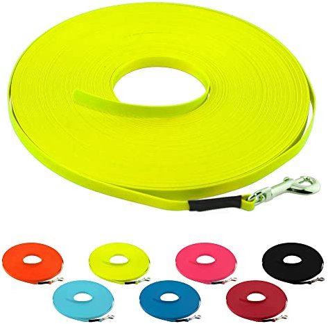 LENNIE Ultraleichte BioThane Schleppleine für Hunde bis 5kg, 20m lang, ohne Handschlaufe, Neon-Gelb, genäht, 9 mm