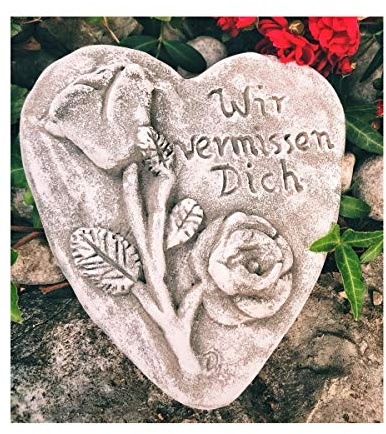 Radami Grabherz Spruch - Wir vermissen Dich - Grabschmuck Steinguss Herz 3D Rose dunkel