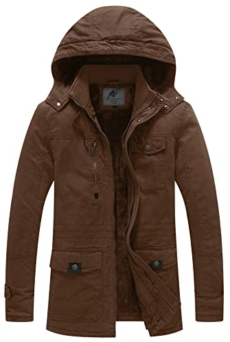 WenVen Chaqueta de Algodón a Prueba de Viento Abrigo Forro Polar Grueso Chaqueta de Lana Militar Parka Capucha Gruesa Extraíble Hombre Marrón Medium