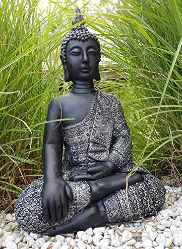 K&L Wall Art Statue de Bouddha Assise en béton/Pierre Artificielle Fonction de Feng Shui pour Le Jardin 45 cm de Hauteur Argent Noire Grise