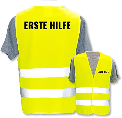 Bedruckte Warnwesten mit ISO-Leuchtstreifen * Standard- oder Reflex-Druck * Erste Hilfe und Brandschutz, Begriff:Erste Hilfe, Farbe + Größe:Gelb (XL/XXL)