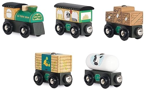 Le Toy Van Holzeisenbahn für Kinder ab 3 Jahren. Great Green, Montessori-Spiel mit 5 abnehmbaren Magnetwagen, hergestellt aus ökologischem FSC-zertifiziertem Holz